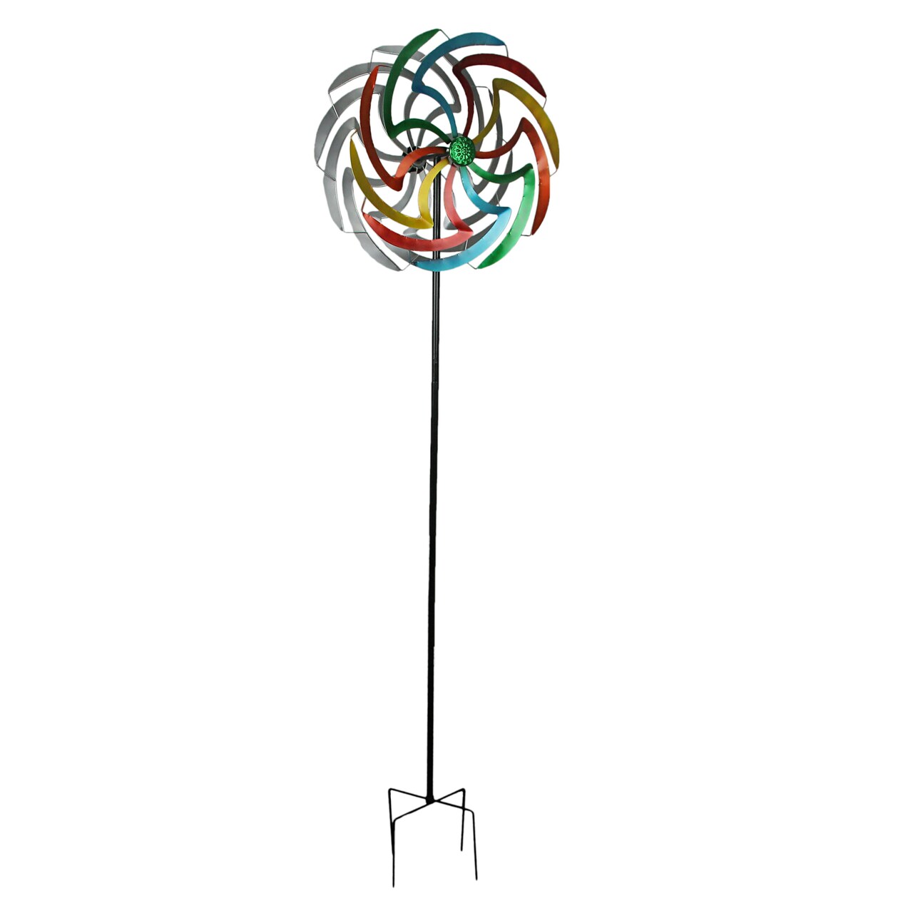 Colorful Anodized Finish Dual Flower Metal Wind Spinner Garden Stake 70 Inches